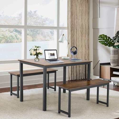 Gymax Modern 3 PCS Dining Table Bench Set w/ Metal Frame & Wooden Tabletop