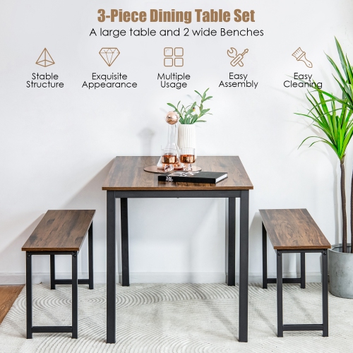 Gymax Modern 3 PCS Dining Table Bench Set w/ Metal Frame & Wooden Tabletop