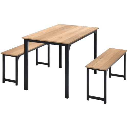 Gymax Modern 3 PCS Dining Table Bench Set w/ Metal Frame & Wooden Tabletop