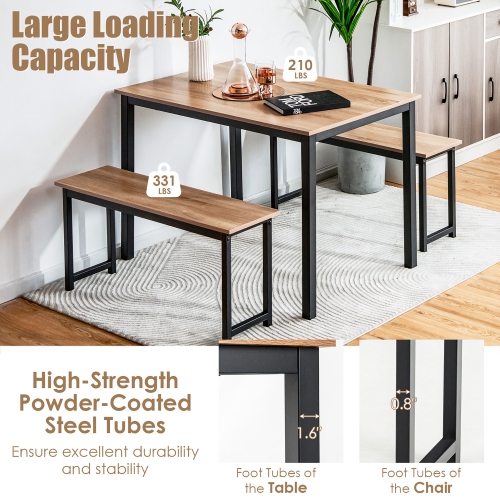 Gymax Modern 3 PCS Dining Table Bench Set w/ Metal Frame & Wooden Tabletop