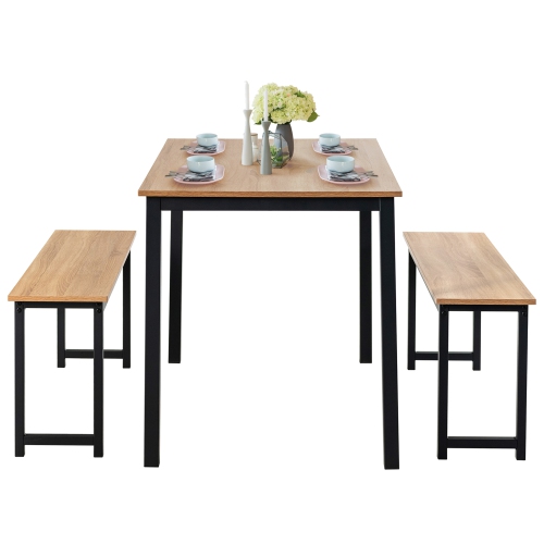 Gymax Modern 3 PCS Dining Table Bench Set w/ Metal Frame & Wooden Tabletop