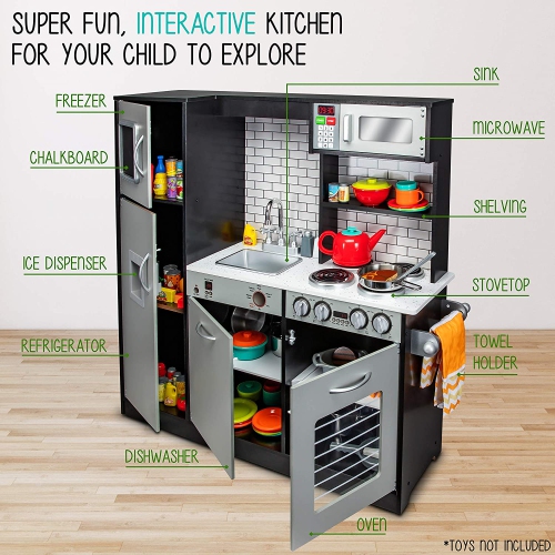Jumbl Pretend Wooden Play Kitchen Toy Set, Realistic Design with Interactive Battery Operated Sound Elements, Microwave, Ice Machine, Chalkboard,