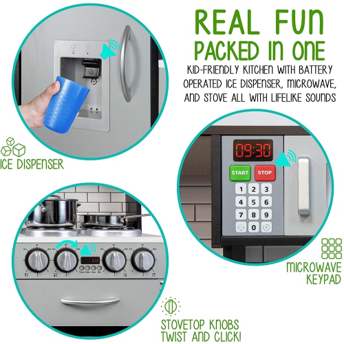 Jumbl Pretend Wooden Play Kitchen Toy Set, Realistic Design with Interactive Battery Operated Sound Elements, Microwave, Ice Machine, Chalkboard,