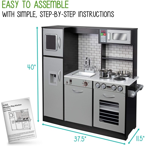 Jumbl Pretend Wooden Play Kitchen Toy Set, Realistic Design with Interactive Battery Operated Sound Elements, Microwave, Ice Machine, Chalkboard,