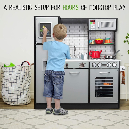 Jumbl Pretend Wooden Play Kitchen Toy Set, Realistic Design with Interactive Battery Operated Sound Elements, Microwave, Ice Machine, Chalkboard,