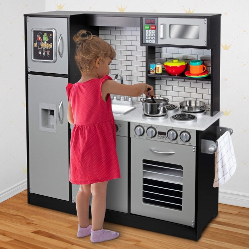 Jumbl Pretend Wooden Play Kitchen Toy Set, Realistic Design with Interactive Battery Operated Sound Elements, Microwave, Ice Machine, Chalkboard,