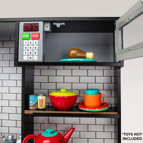 Jumbl Pretend Wooden Play Kitchen Toy Set, Realistic Design with Interactive Battery Operated Sound Elements, Microwave, Ice Machine, Chalkboard,