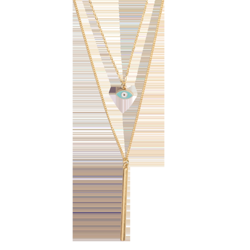 Two Layer Gold Evil Eye And Bar Chain Necklace
