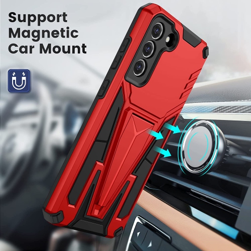 【CSmart】 Shockproof Heavy Duty Rugged Defender Hard Case with Kickstand for Samsung Galaxy S21 FE 5G, Red