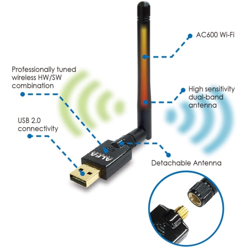 Alfa AWUS036ACS 802.11ac AC600 Wi-Fi Wireless Network Adapter - Wide-Coverage External USB Adapter w/ 2.4GHz & 5GHz Dual-Band Antenna, Compact Design