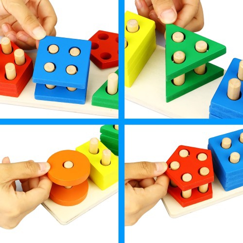 25 PCS Wooden Educational Toy Set, 5-Column Shape Matching Color Sorting Stacking Blocks