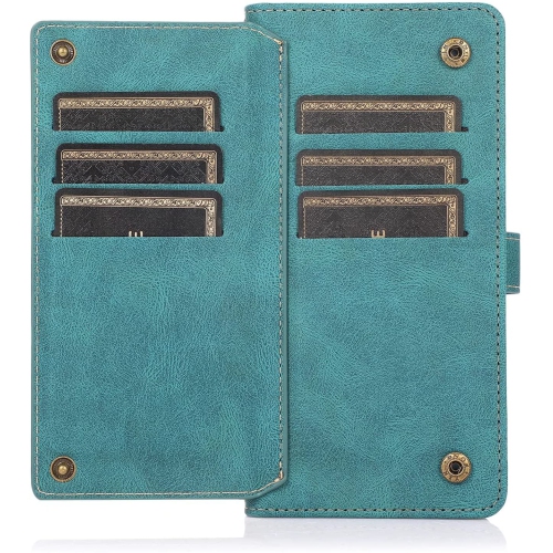 Loris & Case Retro Flip Wallet Case with 9 Card Slots Kickstand PU Leather Folio Wrist Strap Purse Phone Cover for iPhone 13 PRO -Cyan