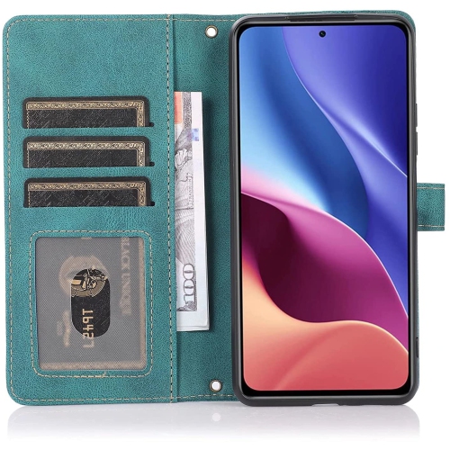 Loris & Case Retro Flip Wallet Case with 9 Card Slots Kickstand PU Leather Folio Wrist Strap Purse Phone Cover for iPhone 13 PRO -Cyan