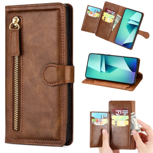 PIERO Leather Zipper Wallet Case Flip Card Holder Stand Phone Cover Premium Leather Flip Cover for Samsung Galaxy S22 ULTRA -Brown