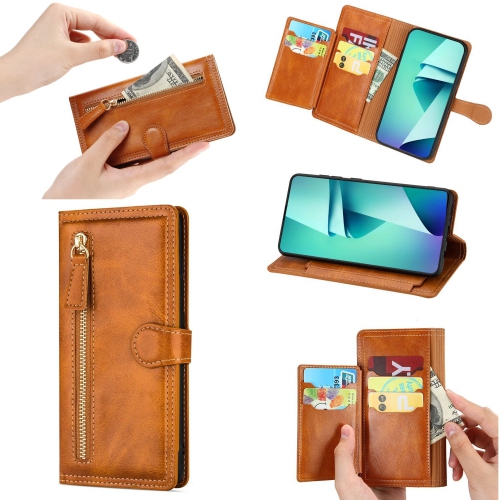 PIERO  Leather Zipper Wallet Case Flip Card Holder Stand Phone Cover Premium Leather Flip Cover for Samsung Galaxy S21 Fe -Orange