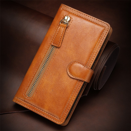 PIERO Leather Zipper Wallet Case Flip Card Holder Stand Phone Cover Premium Leather Flip Cover for Samsung Galaxy S21 FE -Orange