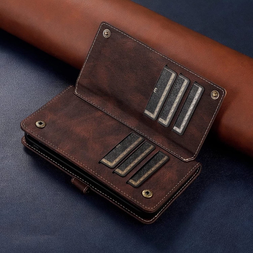 Loris & Case Retro Flip Wallet Case with 9 Card Slots Kickstand PU Leather Folio Wrist Strap Purse Phone Cover for iPhone 13 -Brown