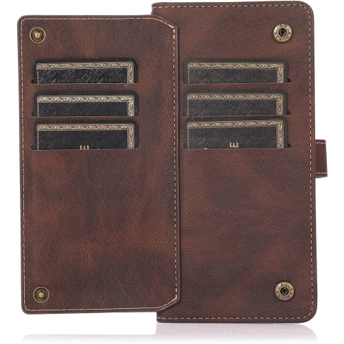 Loris & Case Retro Flip Wallet Case with 9 Card Slots Kickstand PU Leather Folio Wrist Strap Purse Phone Cover for iPhone 13 -Brown