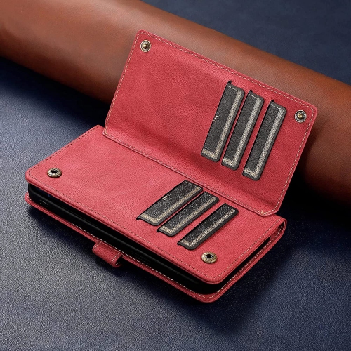 Loris & Case Retro Flip Wallet Case with 9 Card Slots Kickstand PU Leather Folio Wrist Strap Purse Phone Cover for iPhone 13 -Red