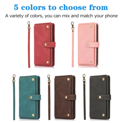 Loris & Case Retro Flip Wallet Case with 9 Card Slots Kickstand PU Leather Folio Wrist Strap Purse Phone Cover for Samsung Galaxy S22 PLUS -Pink
