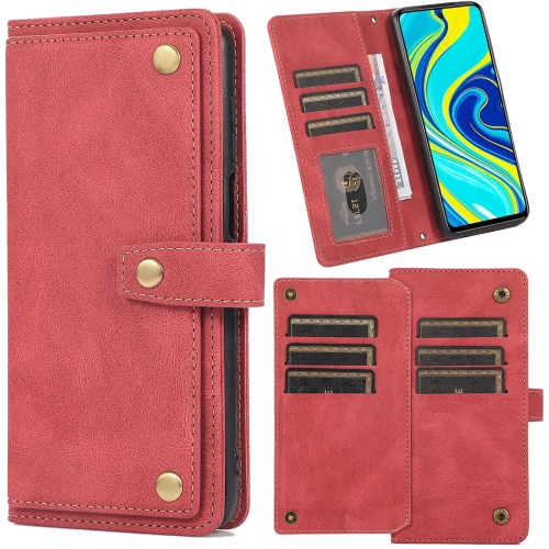 LORIS & CASE  Retro Flip Wallet Case With 9 Card Slots Kickstand Pu Leather Folio Wrist Strap Purse Phone Cover for Iphone 13 Pro Max -Red
