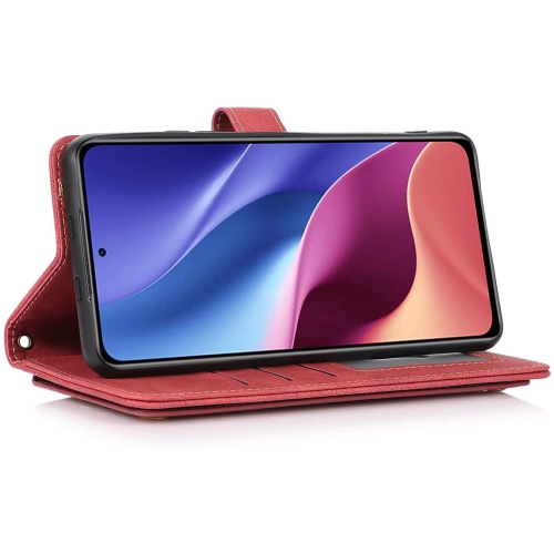 Loris & Case Retro Flip Wallet Case with 9 Card Slots Kickstand PU Leather Folio Wrist Strap Purse Phone Cover for iPhone 13 PRO MAX -Red