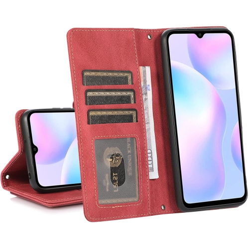 Loris & Case Retro Flip Wallet Case with 9 Card Slots Kickstand PU Leather Folio Wrist Strap Purse Phone Cover for iPhone 13 PRO MAX -Red