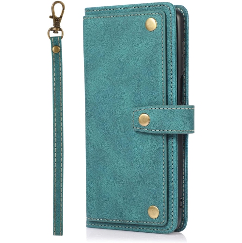Loris & Case Retro Flip Wallet Case with 9 Card Slots Kickstand PU Leather Folio Wrist Strap Purse Phone Cover for Samsung Galaxy S21 FE -Cyan