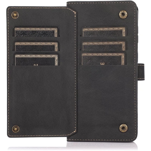 Loris & Case Retro Flip Wallet Case with 9 Card Slots Kickstand PU Leather Folio Wrist Strap Purse Phone Cover for iPhone 13 -Black