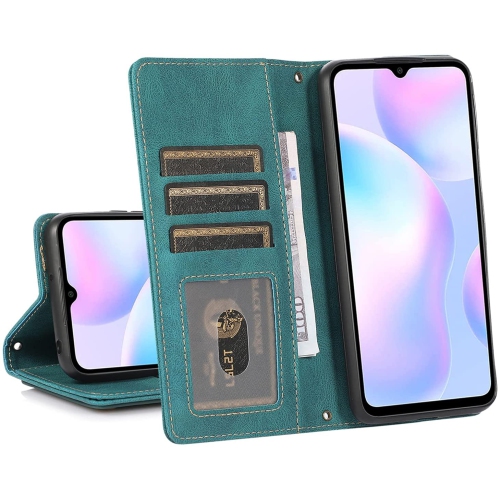 Loris & Case Retro Flip Wallet Case with 9 Card Slots Kickstand PU Leather Folio Wrist Strap Purse Phone Cover for iPhone 13 -Cyan