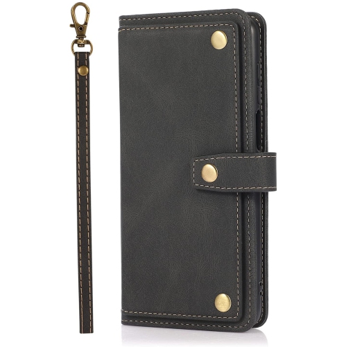 Loris & Case Retro Flip Wallet Case with 9 Card Slots Kickstand PU Leather Folio Wrist Strap Purse Phone Cover for Samsung Galaxy S22 ULTRA -Black