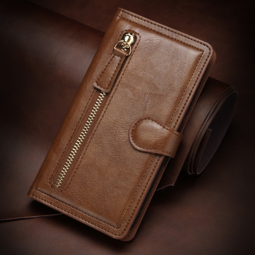 PIERO Leather Zipper Wallet Case Flip Card Holder Stand Phone Cover Premium Leather Flip Cover for Samsung Galaxy S21 FE -Brown