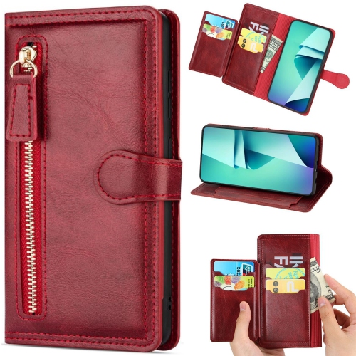 PIERO  Leather Zipper Wallet Case Flip Card Holder Stand Phone Cover Premium Leather Flip Cover for Samsung Galaxy S22 Ultra -Red