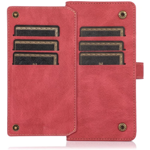 Loris & Case Retro Flip Wallet Case with 9 Card Slots Kickstand PU Leather Folio Wrist Strap Purse Phone Cover for iPhone 13 PRO -Red