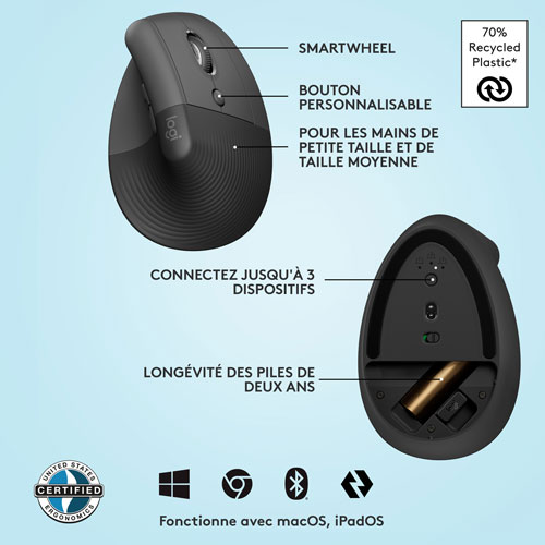 Souris ergonomique sans fil verticale de 4000 ppp Lift de Logitech - Graphite