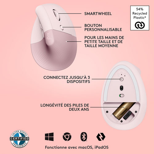Souris ergonomique sans fil verticale de 4000 ppp Lift de Logitech - Rose