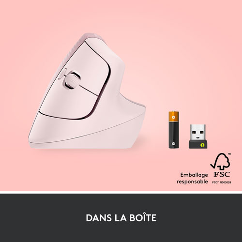 Souris ergonomique sans fil verticale de 4000 ppp Lift de Logitech - Rose