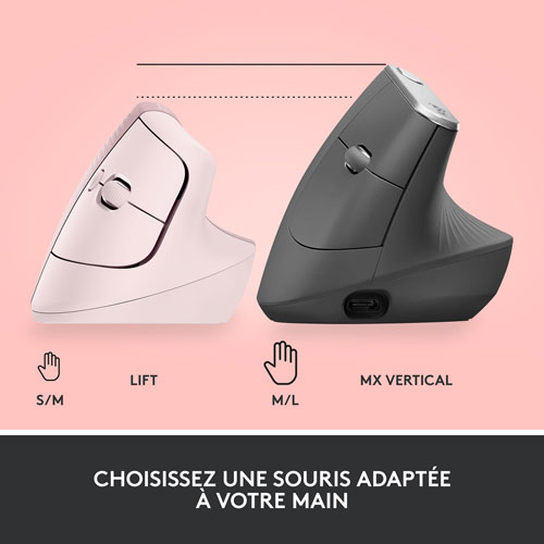 Souris ergonomique sans fil verticale de 4000 ppp Lift de Logitech - Rose