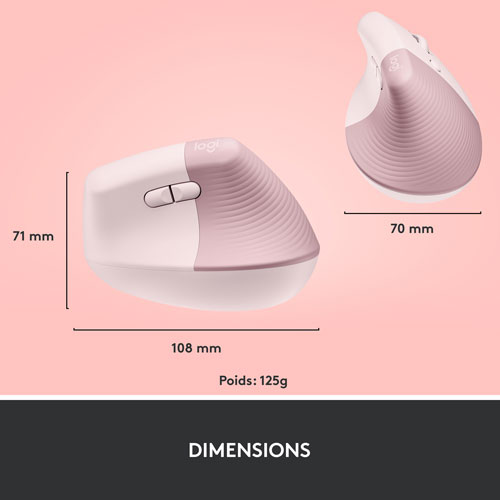 Souris ergonomique sans fil verticale de 4000 ppp Lift de Logitech - Rose