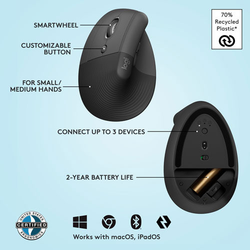 Souris ergonomique sans fil verticale pour gauchers de 4000 ppp Lift de Logitech - Graphite