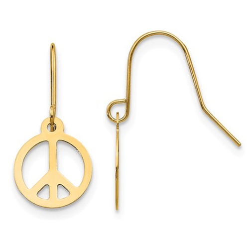 14K Yellow Gold Peace Sign Charm Drop Earrings