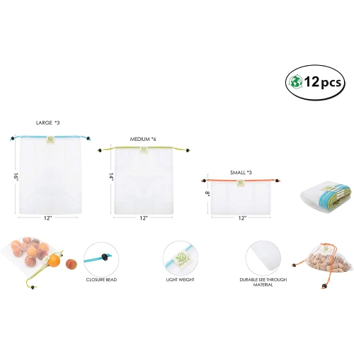 Planet E Reusable Mesh Produce Bags with Drawstring - Set of 12 Assorted Sizes