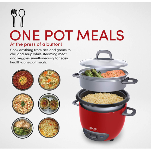 Aroma ARC-747-1NGR 14-Cup, Cooked Rice Cooker and Food Steamer, Red