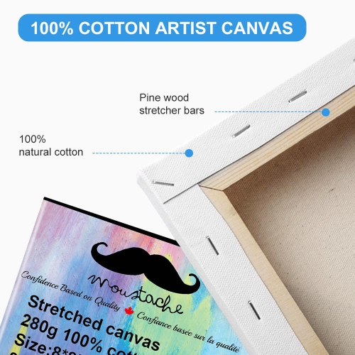 Students, Beginners, Professionals Painting Art Stretched Blank Canvas, White, 100% Cotton, 8/Pack - Moustache® - 8" x 8"