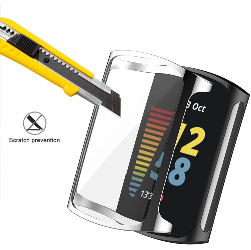 2 protecteurs d’écran pour charge 5 de Fitbit, couverture complète, TPU souple, protection d’écran, noir + argenté