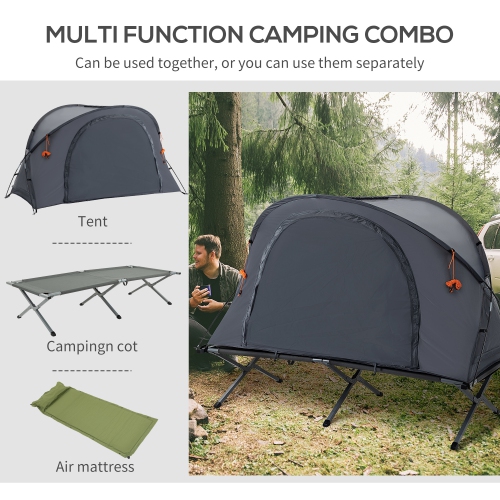 Outsunny Camping Tent Cot, Multifunctional Folding Tent Combo, Portable Off-Ground Tent Shelter with Self-Inflating Air Mattress and Carry Bag for 1