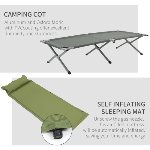 Outsunny Camping Tent Cot, Multifunctional Folding Tent Combo, Portable Off-Ground Tent Shelter with Self-Inflating Air Mattress and Carry Bag for 1