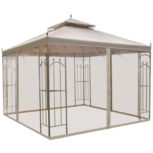 Outsunny 10' x 10' Steel Outdoor Patio Gazebo Canopy with Removable Mesh Curtains, Display Shelves, & Steel Frame, Brown