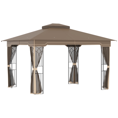 OUTSUNNY  12' X 10' Patio Gazebo Outdoor Canopy Shelter With Double Tier Roof And Netting Sidewalls for Garden, Lawn, Backyard And Deck In Brown