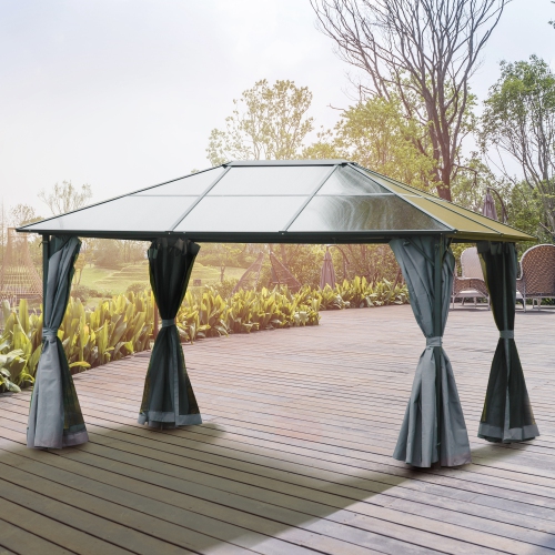 Abri de jardin Outsunny de 10 x 13 pi, auvent de jardin rigide avec cadre en aluminium et toit en polycarbonate, abri extérieur avec marquise de